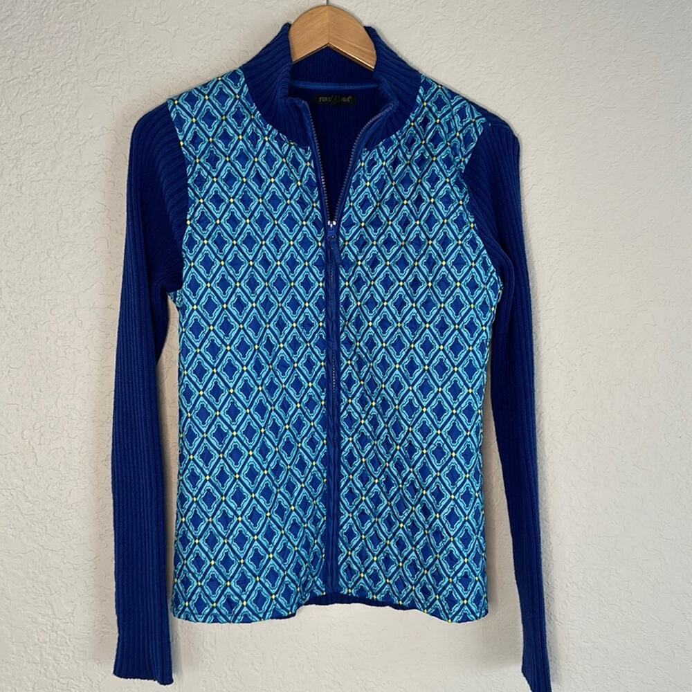 Blue Knit Sweater Quilted Vest Full Zip Front Nautical Preppy Coastal Yacht